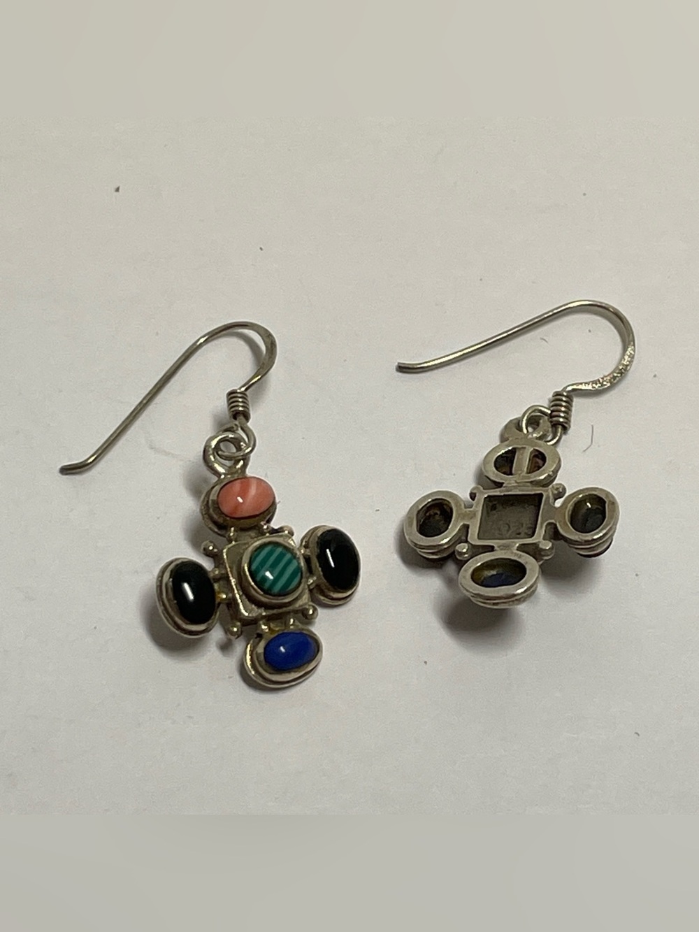 Sterling Silver Southwestern Style Multi Colored Stones Dangle Earrings, 3.95g - Picture 4 of 9